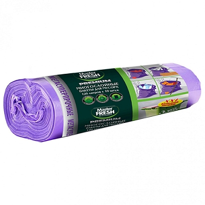 Пакеты д/мусора Master FRESH PREMIUM 60л 10шт многослойные с завязками фиолет.